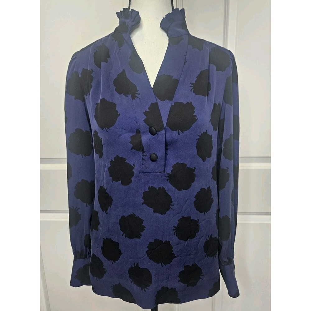 NWT Diane Von Furstenberg Longsleeve Silk Blouse Size 2 Blue Ruffle Neck Chic